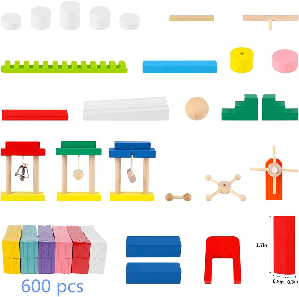 Wondertoys Juego de 600 piezas de dominó para niños, bloques de construcción de madera, 6 colores, dominó a granel, juegos de azulejos de carreras, juguete educativo para fiesta de cumpleaños de