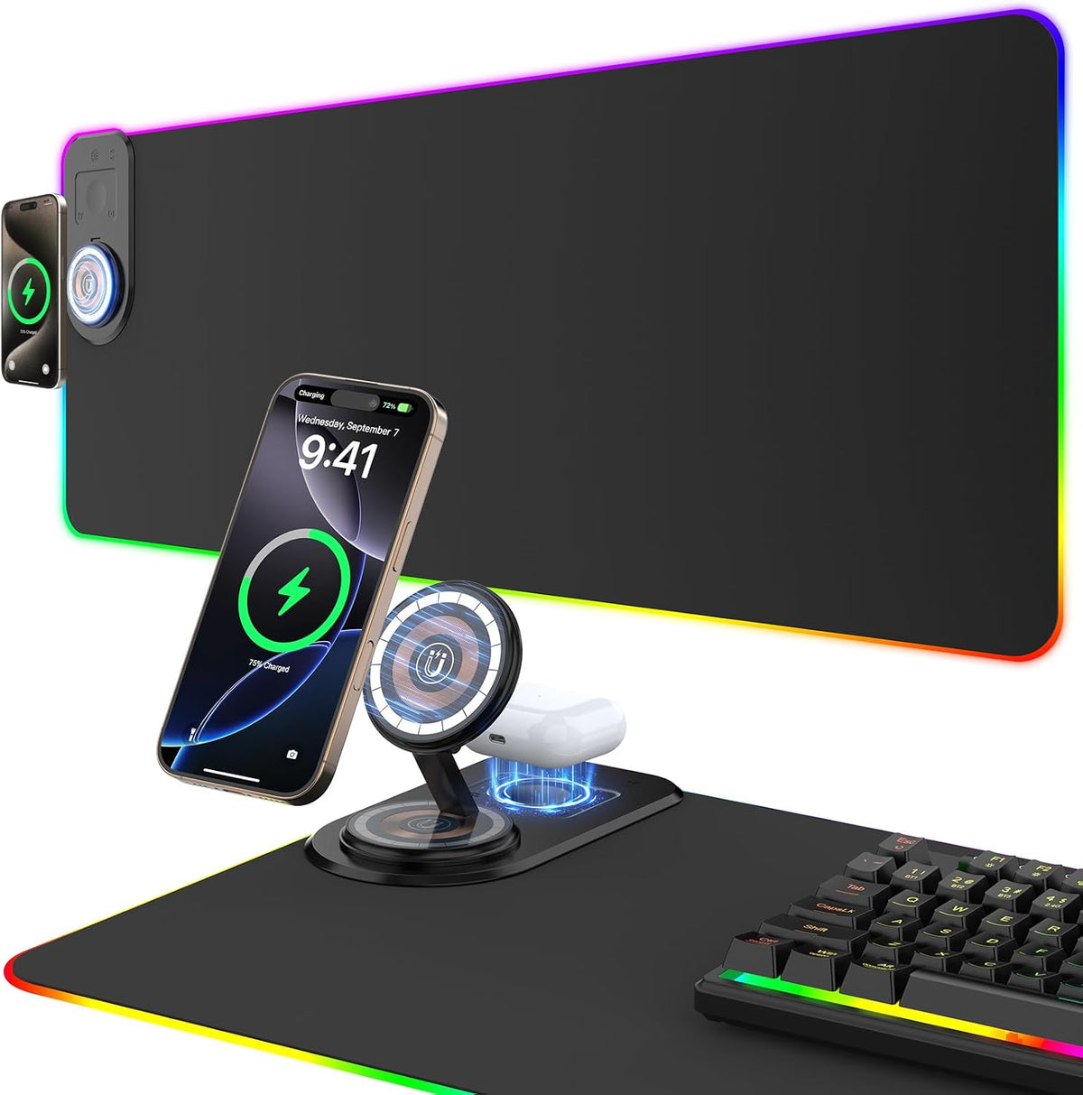 Alfombrilla de mouse para juegos de carga inalámbrica, alfombrilla de escritorio plegable magnética, soporte para teléfono de carga rápida de 15 W, alfombrilla de mouse RGB extendida para teclado