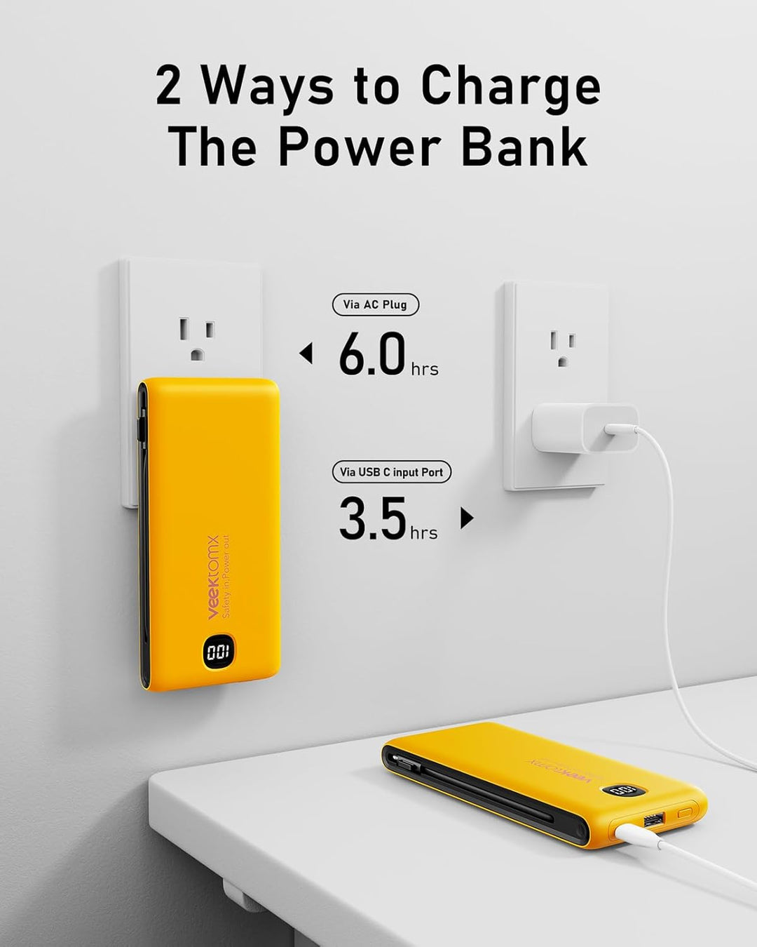 VEEKTOMX Cargador portátil con cables integrados de 10000 mAh, banc...