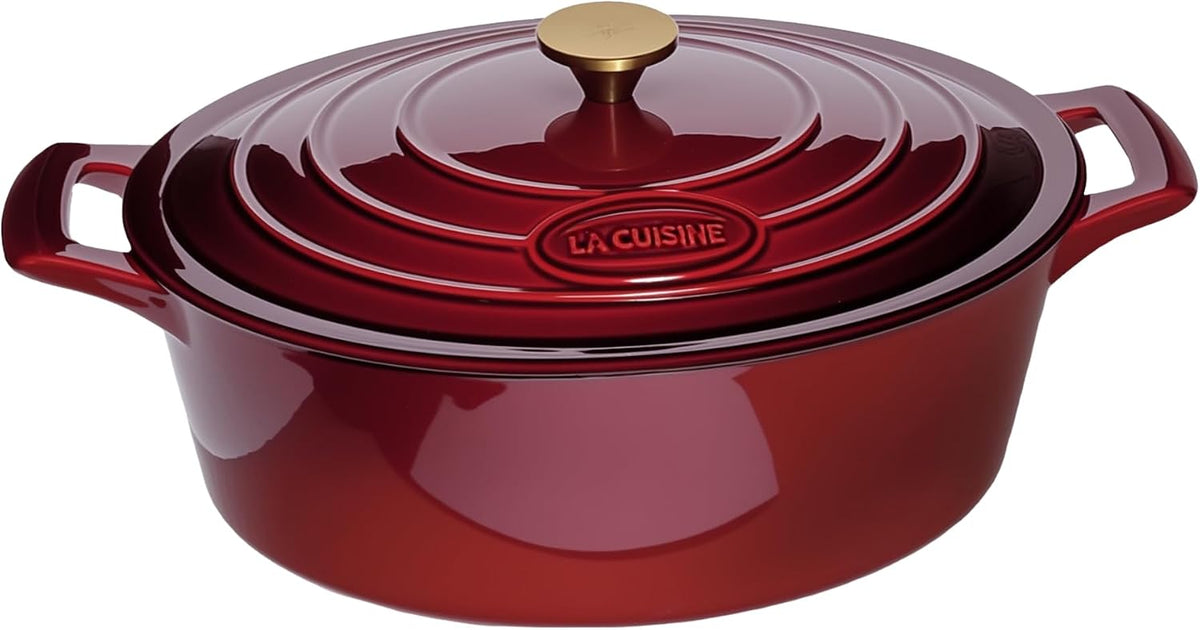 La Cuisine - Olla ovalada de hierro fundido esmaltado para horno holandés con tapa, 5 cuartos de galón, revestimiento interno de esmalte negro mate, mango de tapa de acero inoxidable chapado en oro, apto para horno