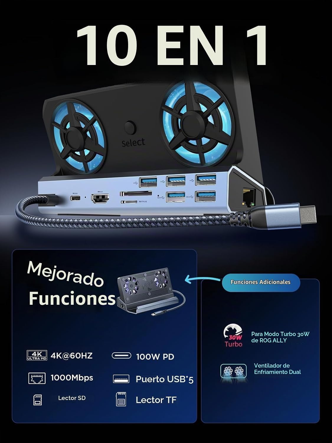 Estación de acoplamiento 10 en 1 para Steam Deck OLED y ROG Ally X y Legion Go & Switch 2, ventilador de refrigeración dual 5 puertos USB, HDMI 2.0 4K a 60Hz, puerto de carga de 100 W compatible con modo ROG Ally 30W, Gigabit Ethernet, SD/TF