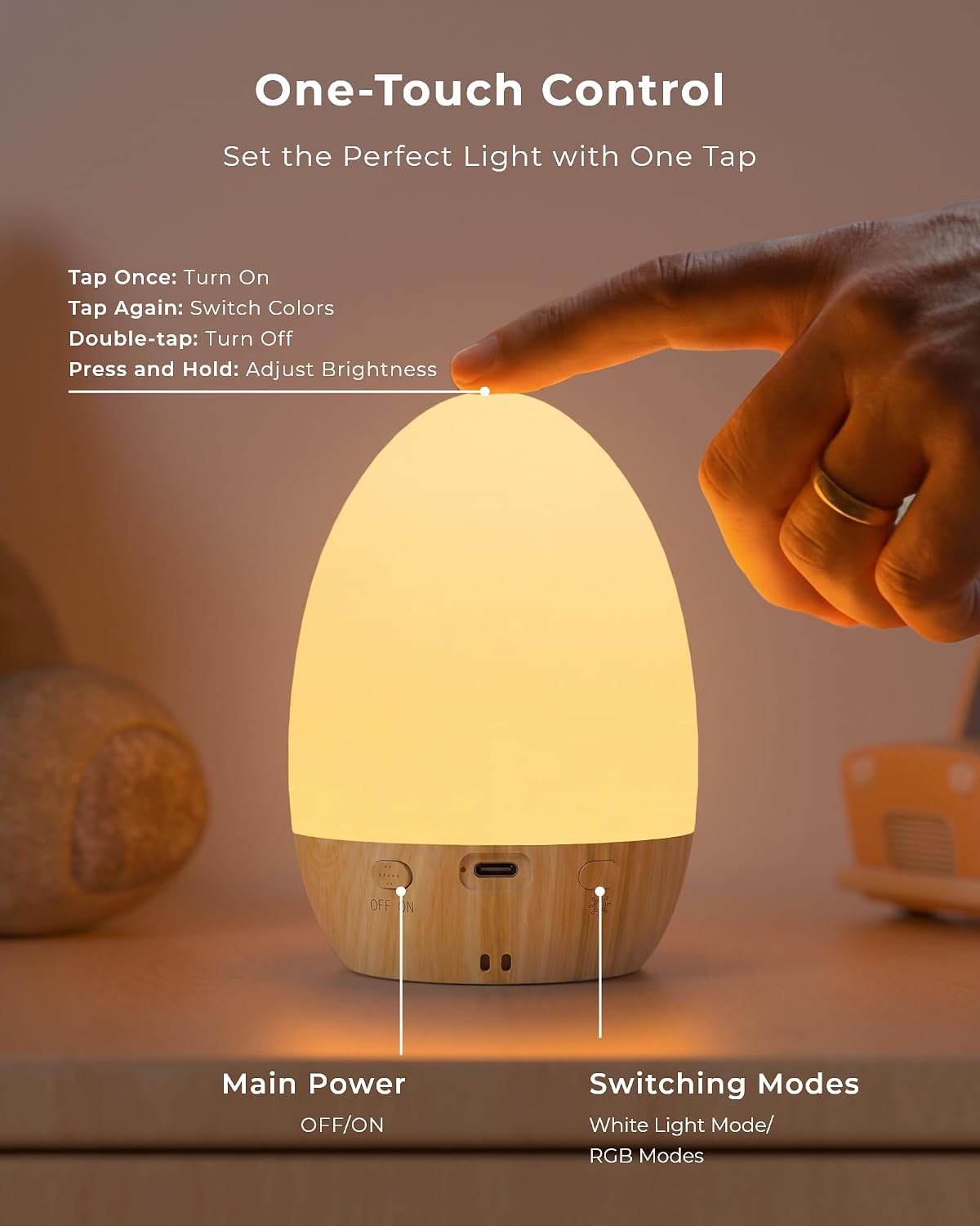 Lámpara Luz nocturna para guardería del bebé, luz táctil recargable con 17 modos de color, luz nocturna de bebé regulable continua para lactancia materna y dormitorio de los niños (Haya-1P)
