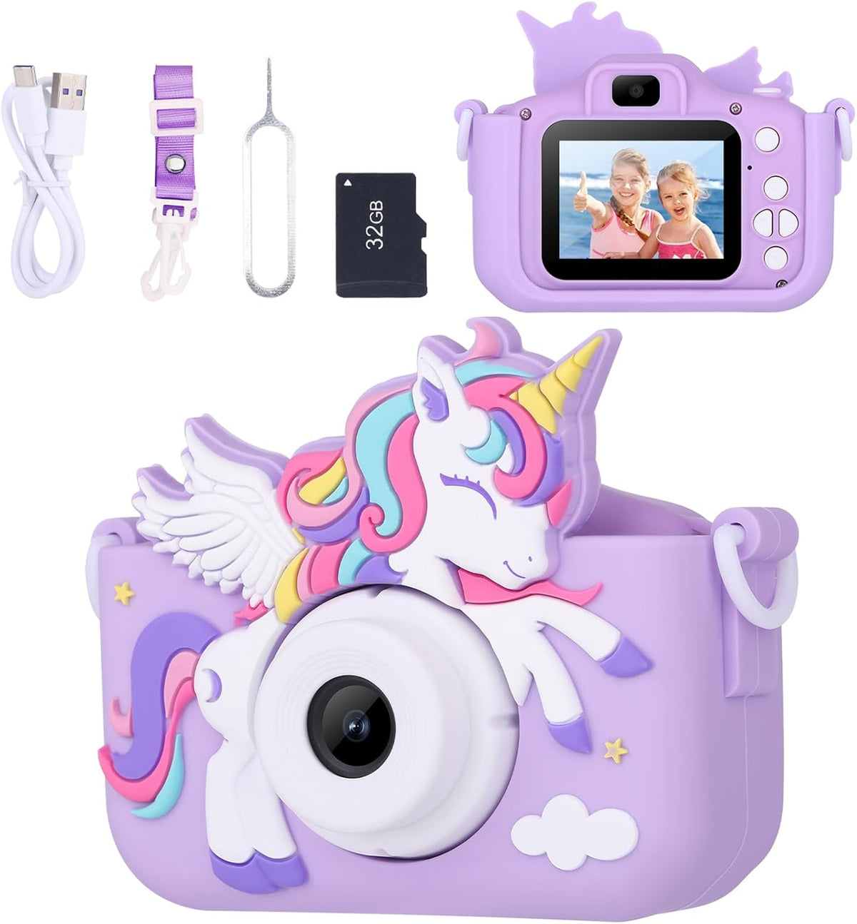 Unicorn Toys - Cámara para niños y niñas de 3 a 8 años, color morado