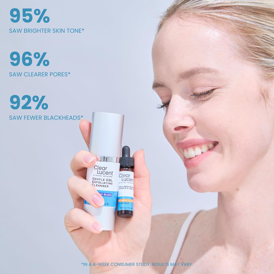 Vibrant Clarity Travel Skincare Set | Limpiador exfoliante GSL AHA/BHA compatible con la TSA y 20% vitamina C + E + suero ferúlico con cepillo facial y bolsa de viaje | Piel de vidrio para llevar