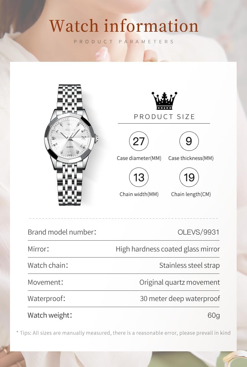 OLEVS Reloj Analógico de Cuarzo para Mujer, Acero Inoxidable Plateado de Dos Tonos, Moda, Resistente al Agua, Luminoso, con Fecha y Día, Relojes de Pulsera para Damas