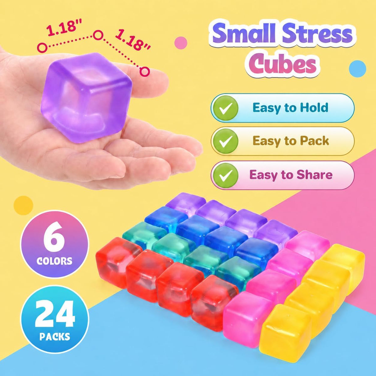 Paquete de 24 mini cubos de estrés para niños: juguetes suaves de 1.18 pulgadas con caja de almacenamiento, juguetes sensoriales de levantamiento lento para premios de aula, juguetes de caja de