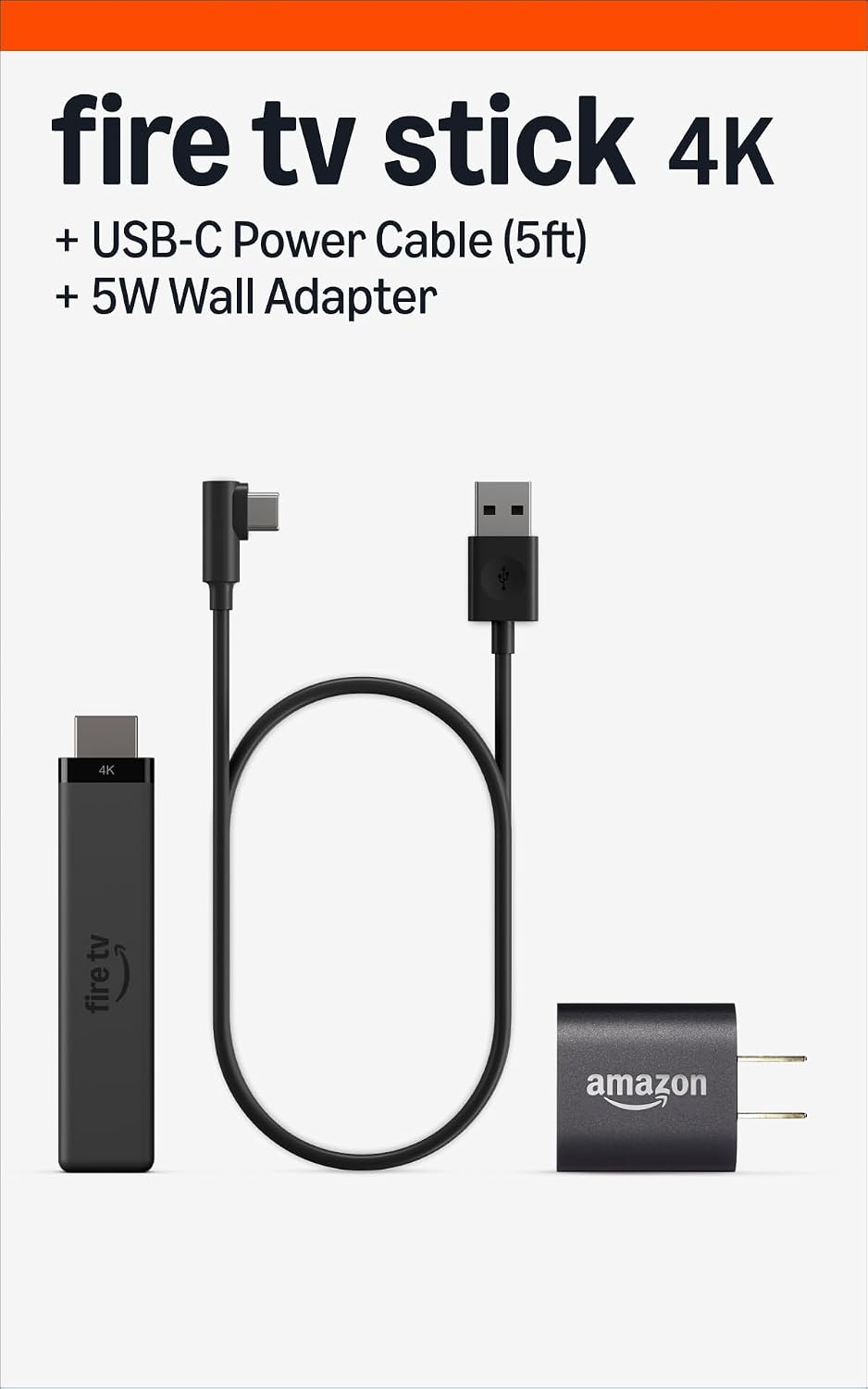 Paquete de Amazon Fire TV Stick 4K (último modelo) con cable de alimentación USB-C (5 ft) y adaptador de corriente de 5 W