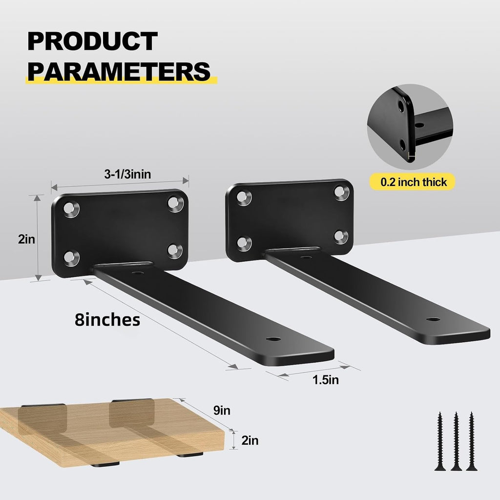 Paquete de 12 soportes de estante en L ocultos negros de 8 pulgadas (1/5 pulgadas de grosor), soportes flotantes de hierro rústicos industriales para soporte de estantes
