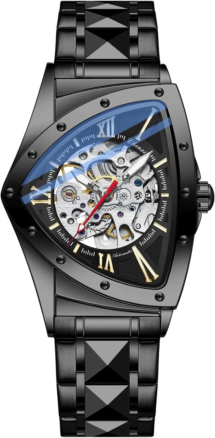 Tiong Triangle Skeleton Reloj Mecánico Automático para Hombre, Correa de Acero Inoxidable Reloj Deportivo para Hombre