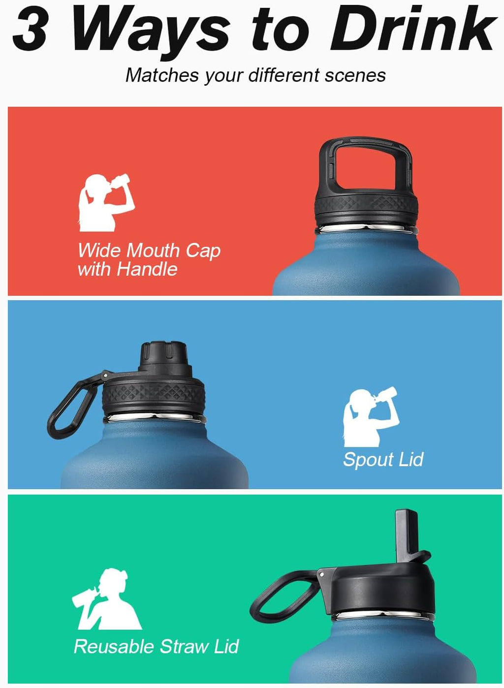 Coolflask Botella de agua de medio galón aislada con popote y 3 tapas a