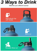 Coolflask Botella de agua de medio galón aislada con popote y 3 tapas a