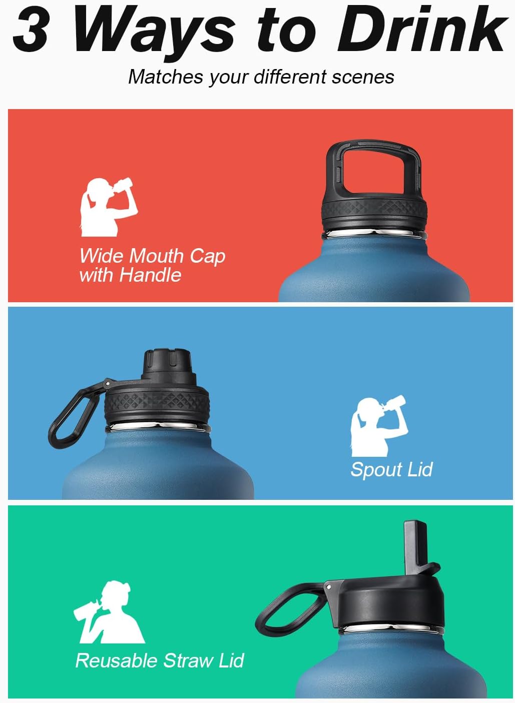 Coolflask Botella de agua de medio galón aislada con popote y 3 tapas a