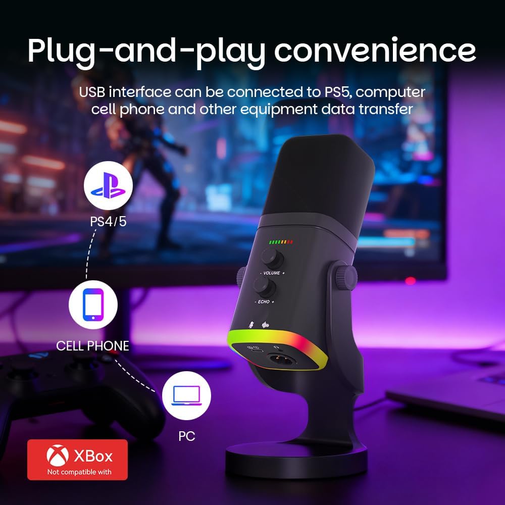 EASEMELO Micrófono dinámico de escritorio USB\/XLR con luz RGB, red...