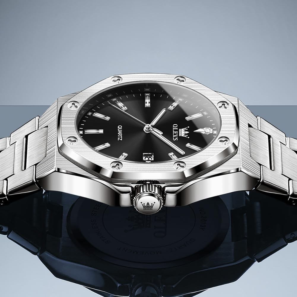 OLEVS Relojes para hombres de lujo octagonales en acero inoxidable de pulsera: reloj analógico de cuarzo de cara grande luminosa