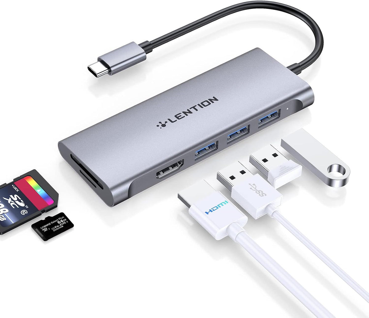 LENTION Hub USB-C con HDMI 4K, 3 USB 3.0, lector de tarjetas SD/Micro SD 3.0, compatible con MacBook Pro/Air, Mac Air/Surface, Chromebook, iPhone 15 o más, adaptador de controlador estable (gris