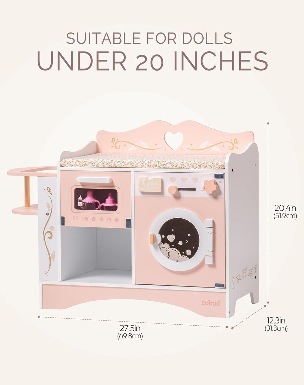 ROBUD Cuna de muñeca de bebé, camas de muñeca rosa, estación de cambio de muñeca de madera con asiento, esterilizador de botellas, lavadora y almacenamiento, accesorios para muñecas de cuna de juguete