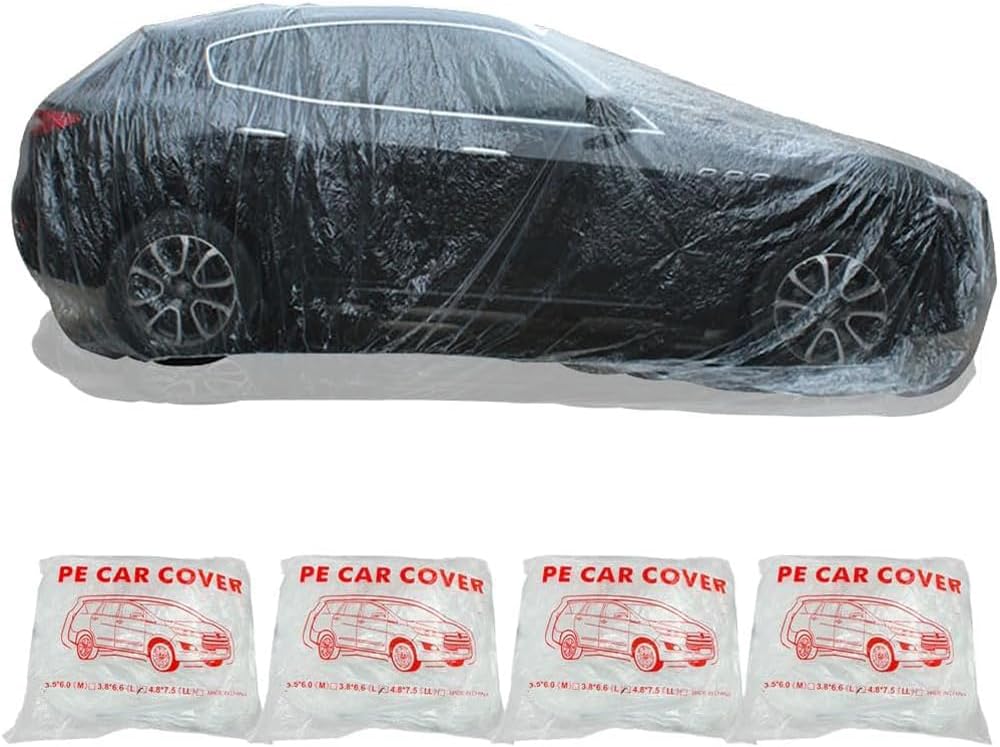 4 paquetes de fundas desechables de plástico transparente para automóvil, cubierta universal de lluvia y polvo para garaje con banda elástica, mediana (12 pies x 22 pies)