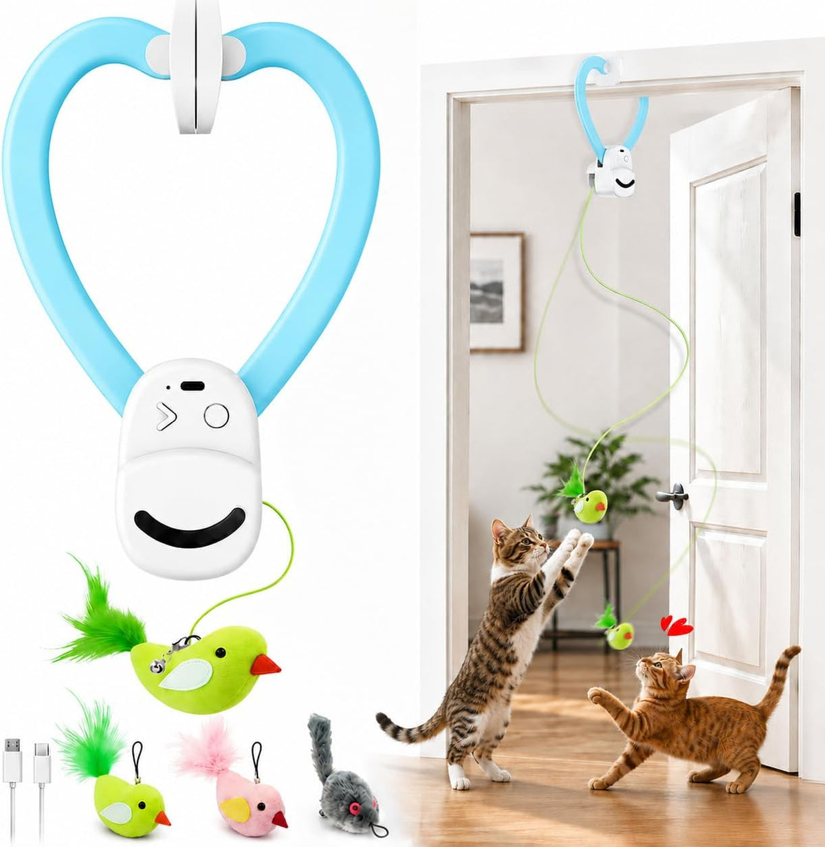 Juguetes interactivos para gatos de interior: varita de plumas de ave voladora automática, ejercicio de persecución, enriquecimiento, estimulación, colgante duradero seguro recargable por USB para