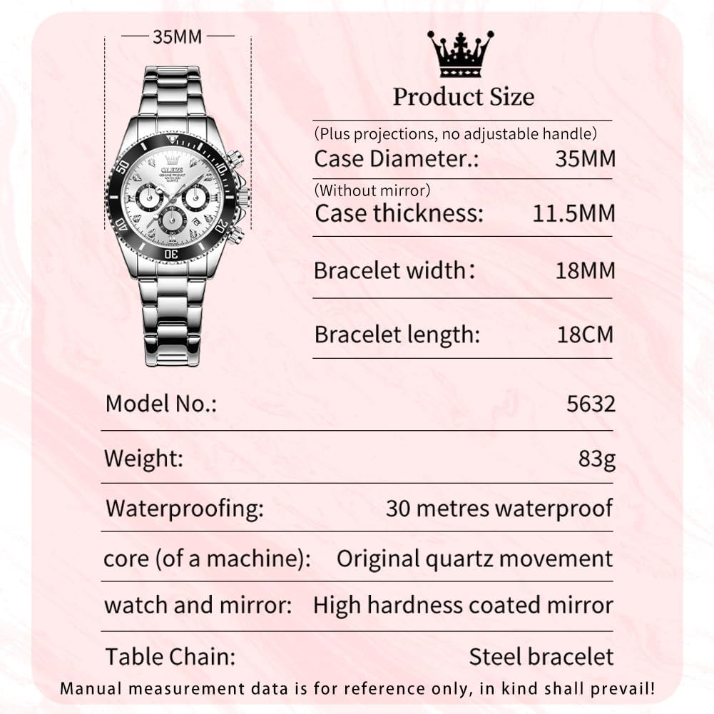 OLEVS Mujer Relojes Analógicos de Diamante de Cuarzo con Correa de Acero Inoxidable y Cronógrafo