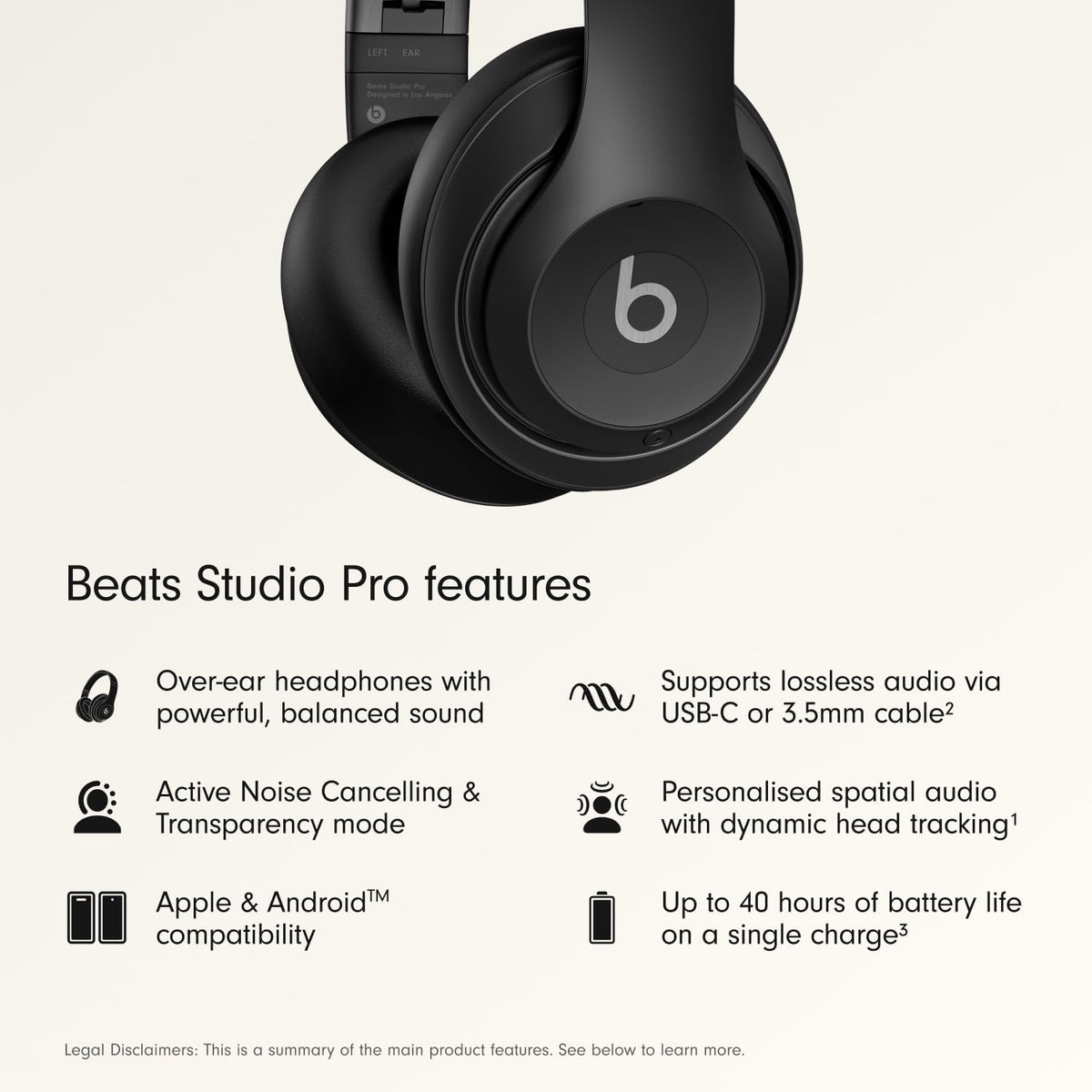 Beats Studio Pro - Auriculares inalámbricos Bluetooth, Negro, Cable Beats Studio Pro y USB-C