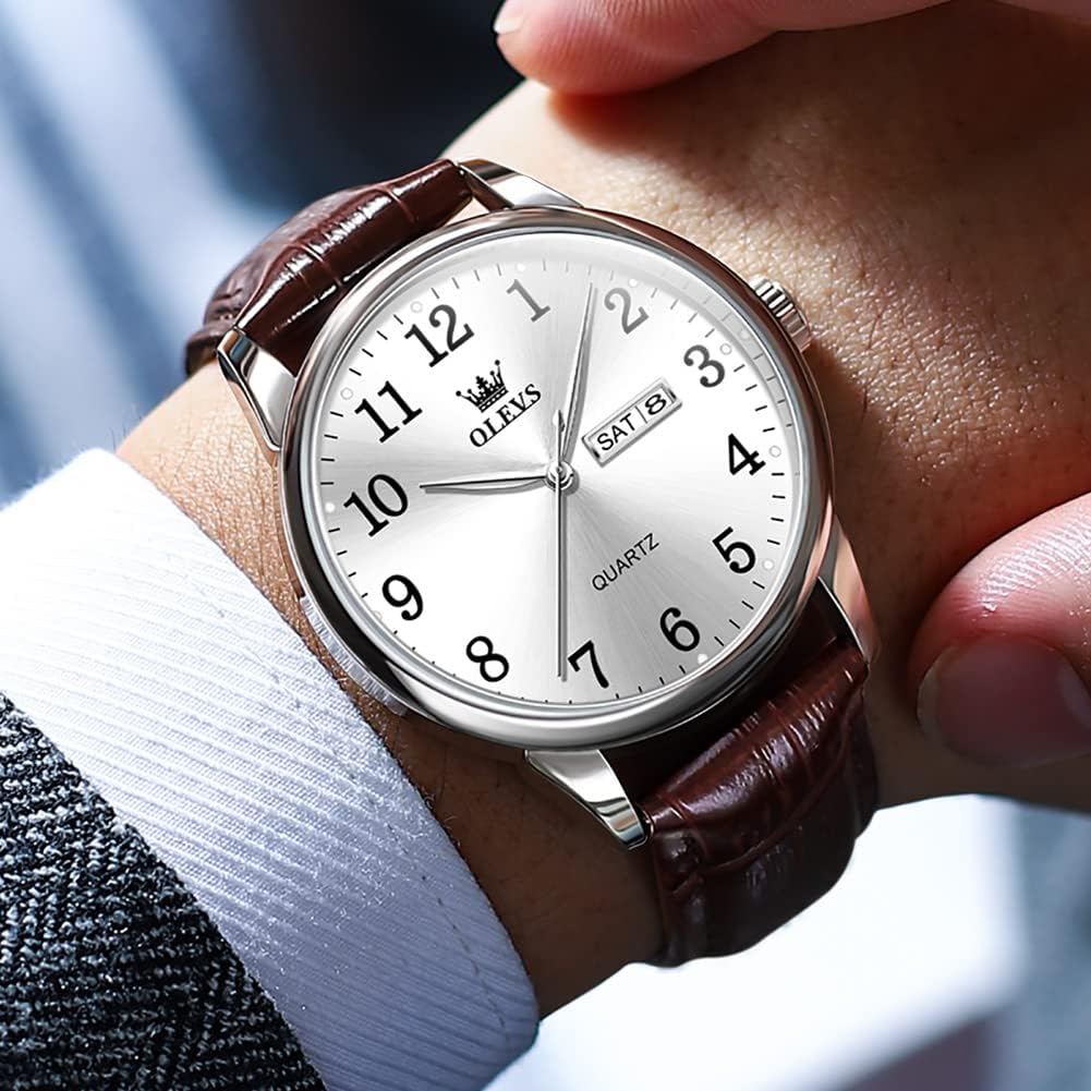 OLEVS Relojes de Cuero para Hombres, Casual, Fácil de leer, Quartz, Números, Resistente al Agua