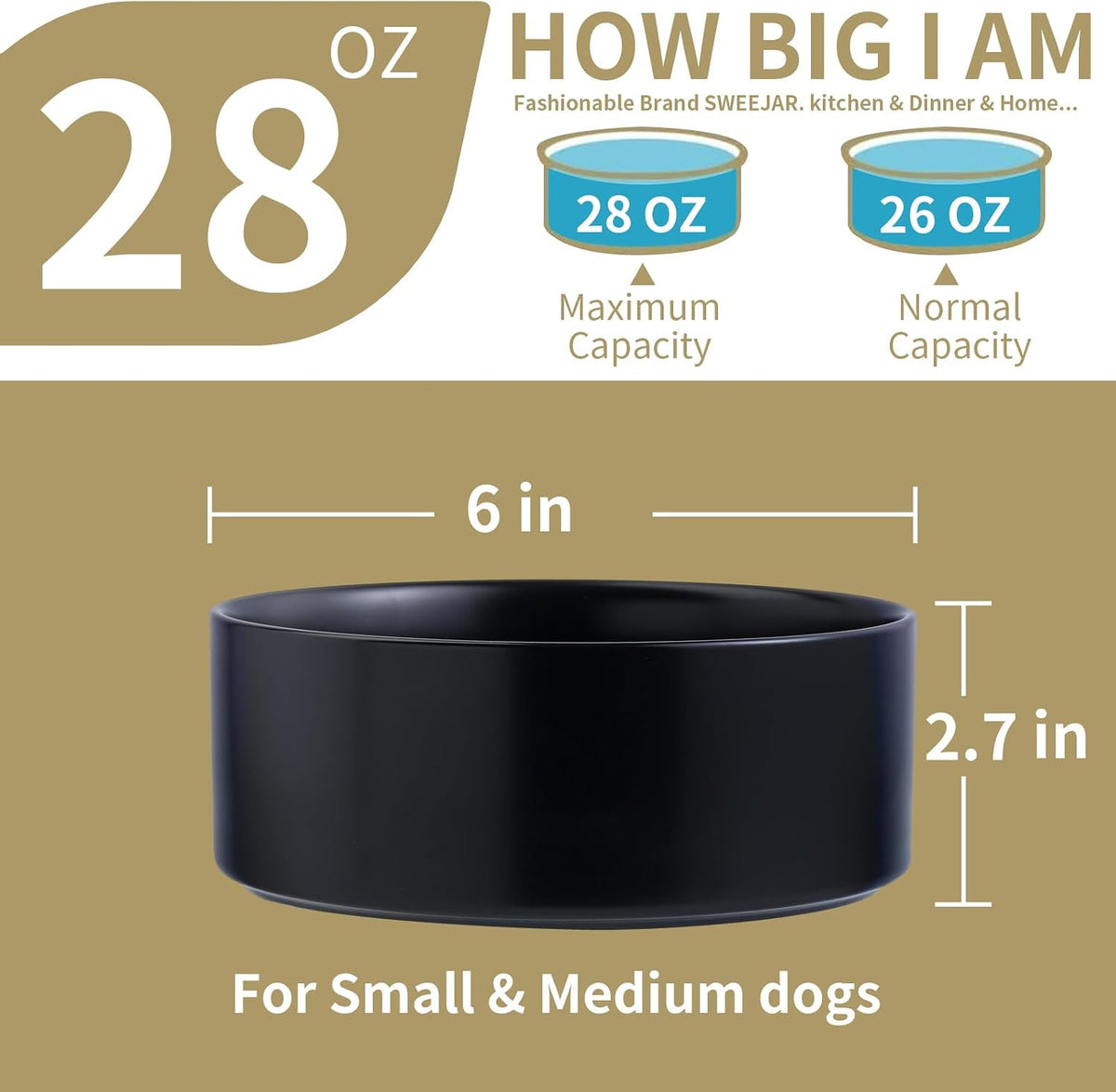 Cuenco de cerámica elevado y elevado para perros de razas pequeñas y medianas, cuenco de agua con soporte, plato de alimentación pesado antideslizante de 6 pulgadas, 3.6 tazas, 28.7 fl oz, 28