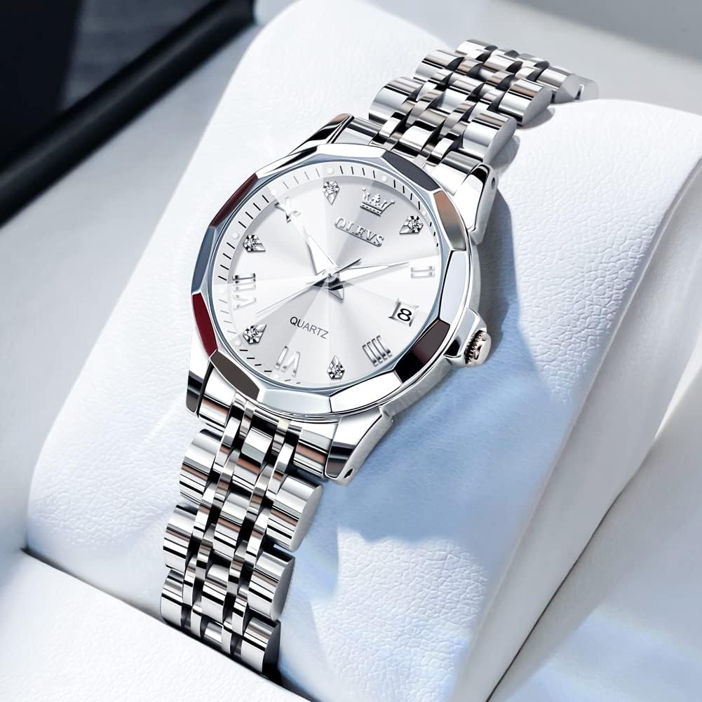OLEVS Reloj Analógico de Cuarzo para Mujer, Acero Inoxidable Plateado de Dos Tonos, Moda, Resistente al Agua, Luminoso, con Fecha y Día, Relojes de Pulsera para Damas