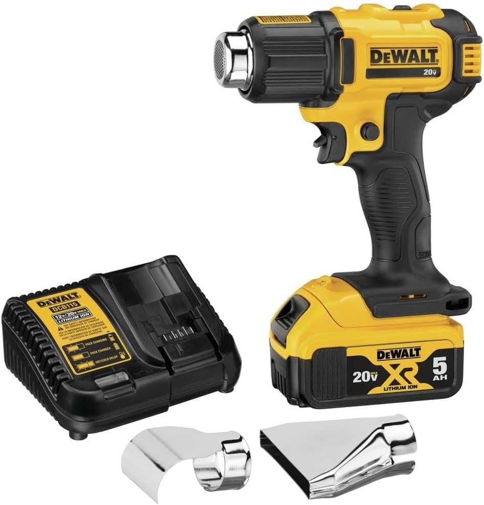 DEWALT Kit de pistola de calor de 20V MAX, inalámbrica, hasta 990 grados, 42 minutos de tiempo de funcionamiento, luz LED, batería y cargador incluidos (DCE530P1)