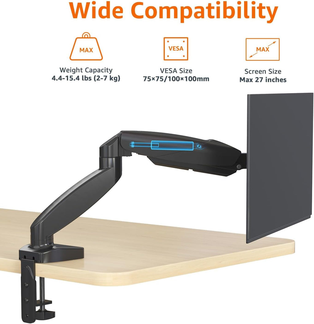 Amazon Basics Soporte de escritorio con brazo de monitor único con resorte de gas, tensión ajustable, se adapta a monitores de 15 a 27 pulgadas, soporta 4.4-15.4 libras, VESA 75x75/100x100, negro