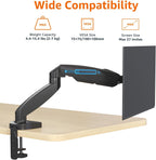 Amazon Basics Soporte de escritorio con brazo de monitor único con resorte de gas, tensión ajustable, se adapta a monitores de 15 a 27 pulgadas, soporta 4.4-15.4 libras, VESA 75x75/100x100, negro