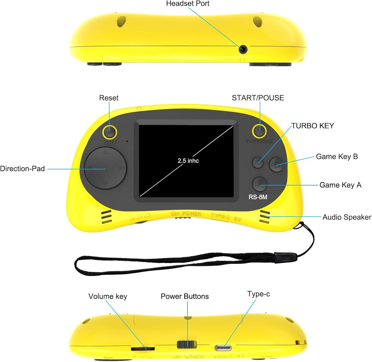 EASEGMER Juegos electrónicos portátiles de 16 bits para niños con 220 juegos de video HD, Amarillo