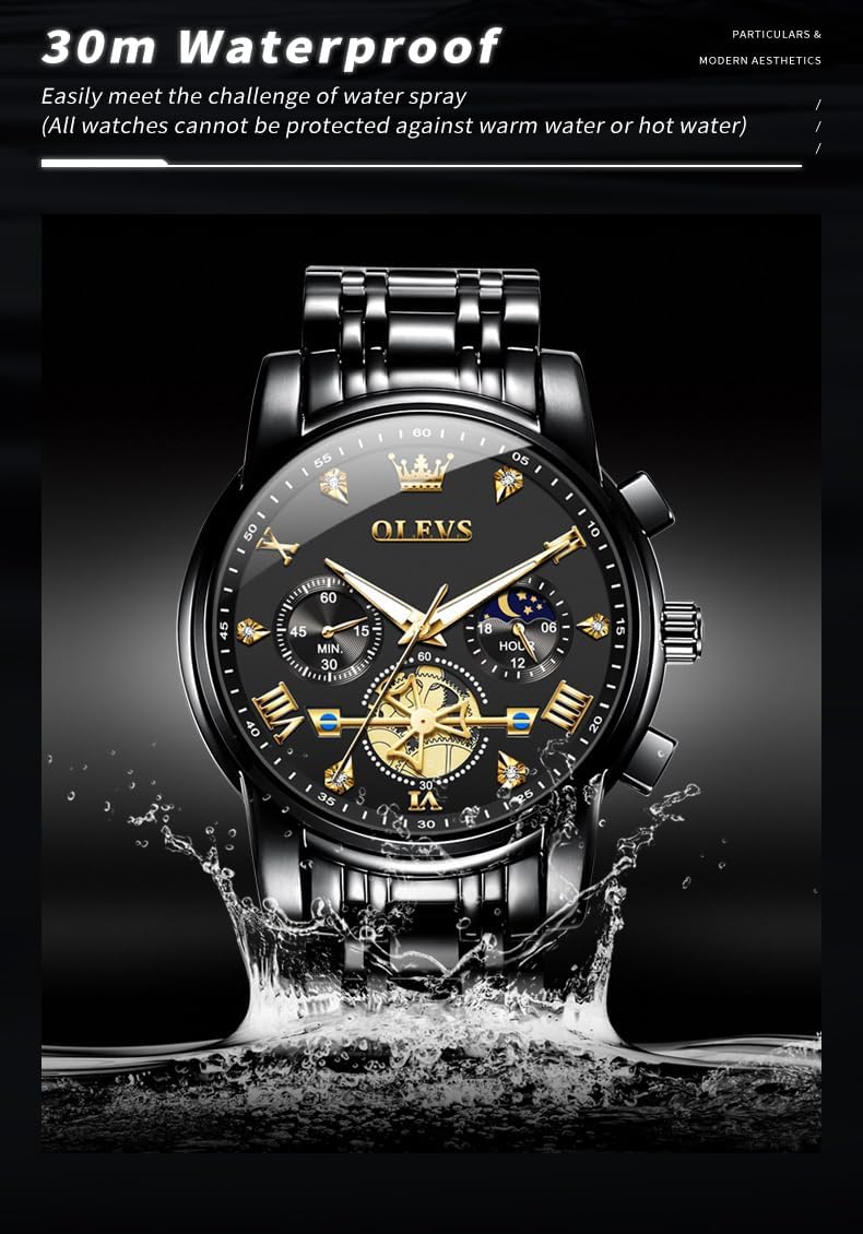 Reloj OLEVS azul para hombre Fase lunar Negocios Vestir Analógico Acero inoxidable Impermeable Luminiscente Fecha Bicolor Lujo Casual de pulsera