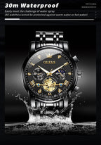Reloj OLEVS azul para hombre Fase lunar Negocios Vestir Analógico Acero inoxidable Impermeable Luminiscente Fecha Bicolor Lujo Casual de pulsera
