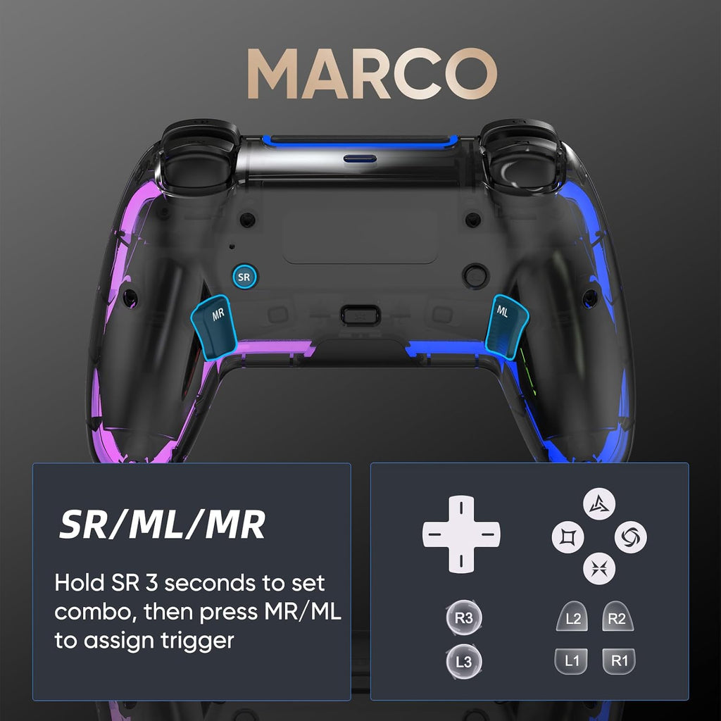 BETMI Controlador Inalámbrico para PS5, Pro/Slim/MAC/PC (Negro Transparente)