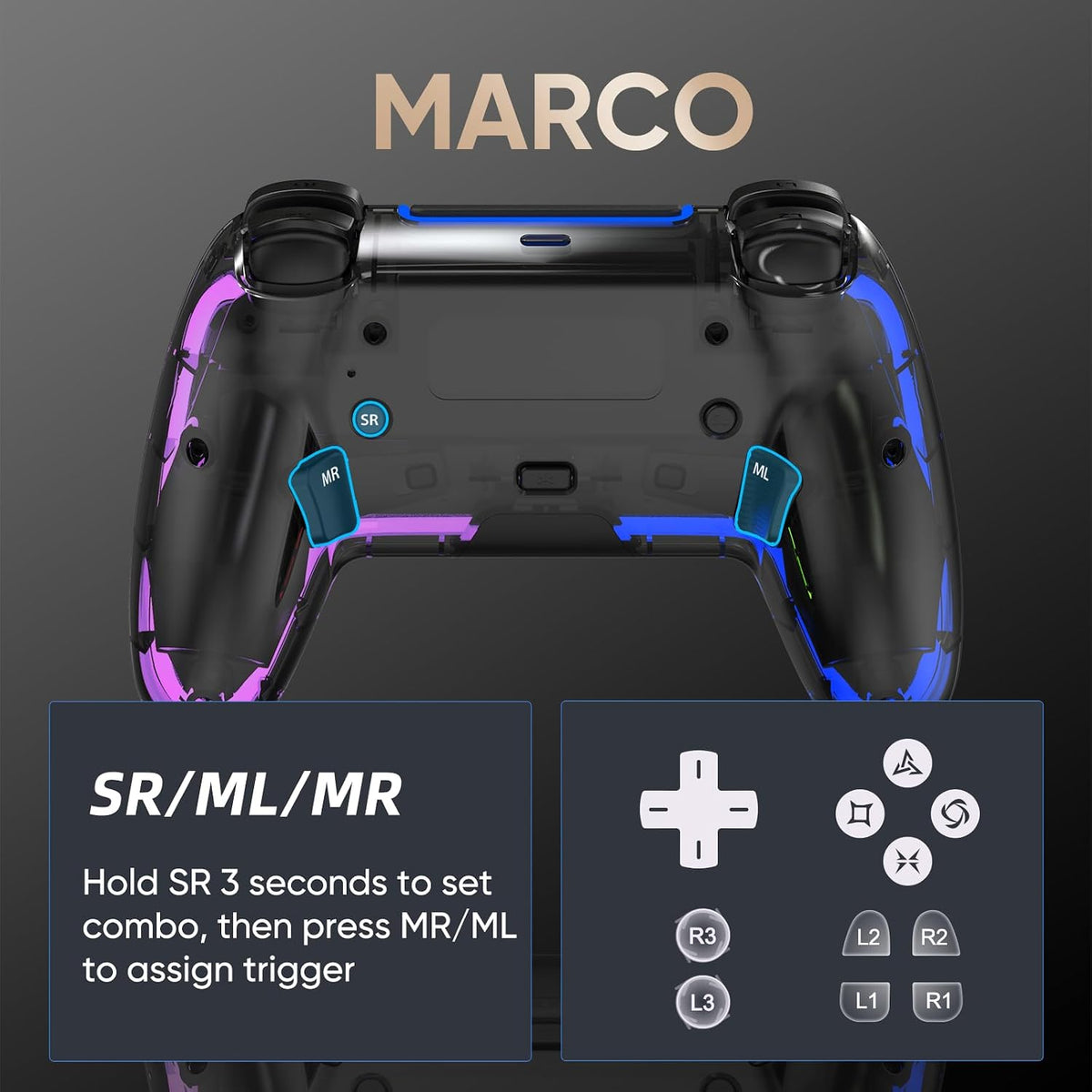 BETMI Controlador Inalámbrico para PS5, Pro/Slim/MAC/PC (Negro Transparente)