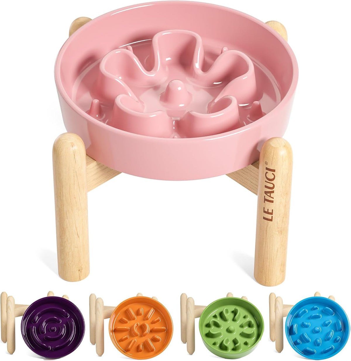 LE TAUCI Cuencos de cerámica para perros de alimentación lenta, elevados para razas pequeñas, anti-engullimiento, antideslizantes, 6 pulgadas, rosa