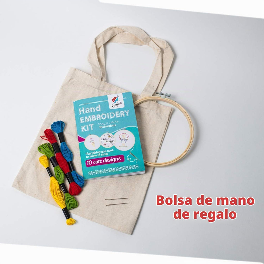CraftLab Kit de bordado para niños, kit de costura para principiantes con 10 proyectos, aros, hilo, patrones