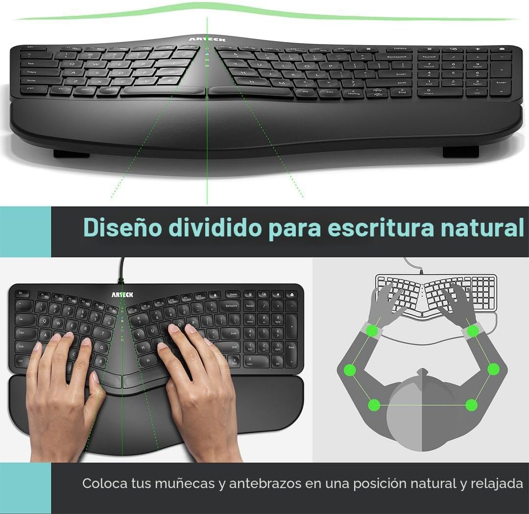 Arteck - Teclado USB Ergonómico con Cable, con Reposamuñecas y Repo...