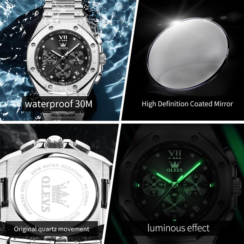 OLEVS Reloj para hombre Big Face Acero inoxidable Impermeable Luminoso Diamante