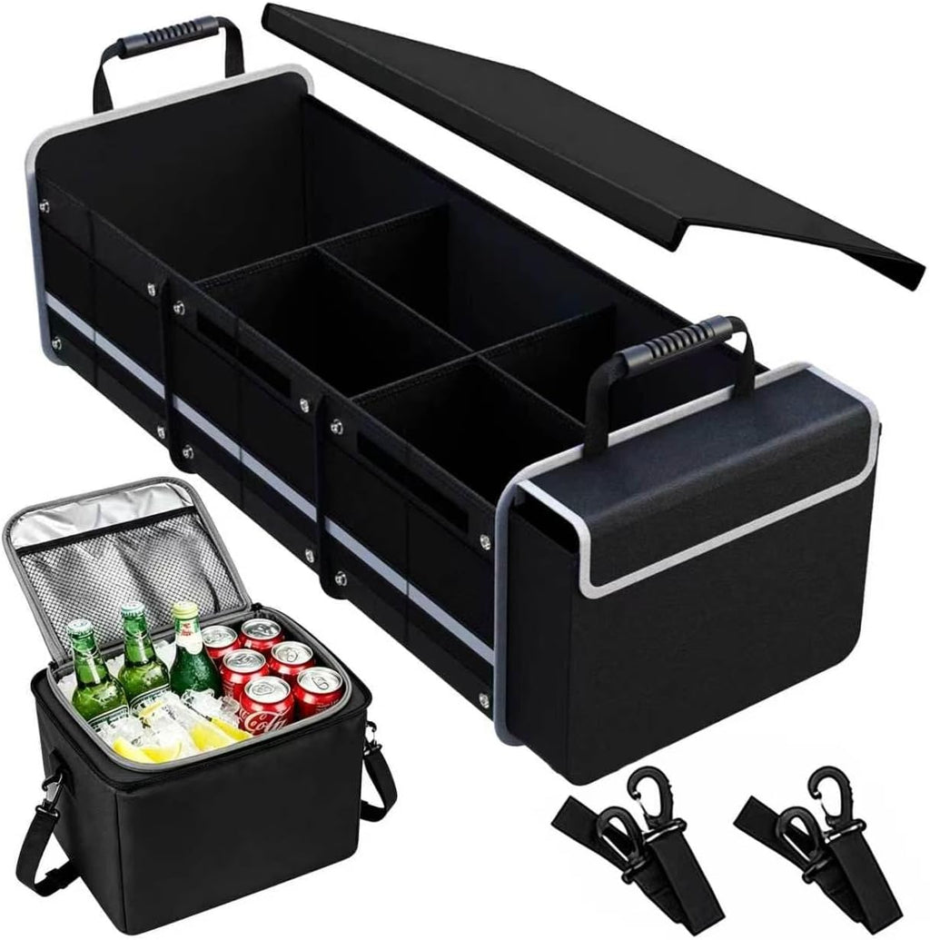 Organizador de maletero de automóvil con bolsa enfriadora extraíble, almacenamiento plegable con múltiples compartimentos para SUV, camión, comestibles, campamento, organizador de carga de