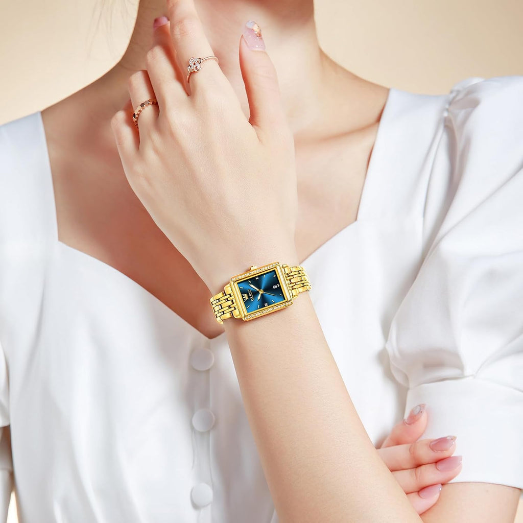 OLEVS Reloj de mujer de oro de acero inoxidable, reloj de cara cuadrada pequeña con decoración de diamantes, reloj de vestir de cuarzo analógico de lujo para mujer, reloj de pulsera impermeable con