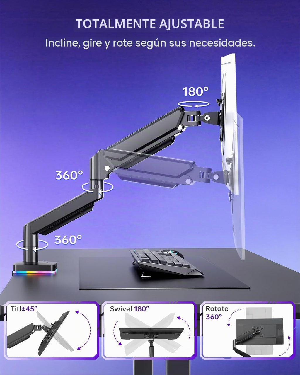 Brazo de monitor de resorte de gas RGB con concentrador USB para monitores