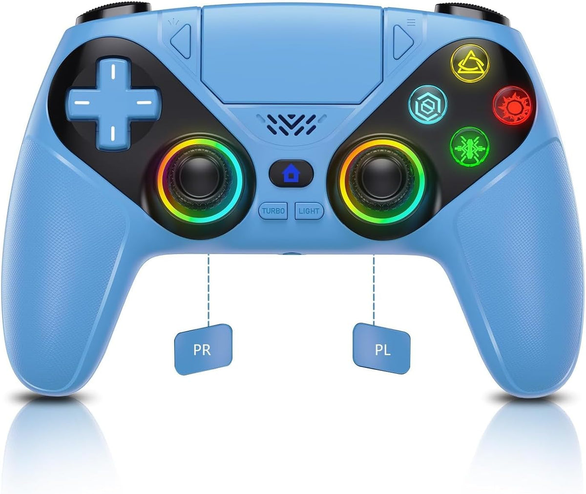 Dinosoo Controlador Inalámbrico RGB para PS5/PlayStation 5 PC, Controlador Bluetooth con Turbo, Macro, Vibración Dinámica, 6-Ejes de Movimiento, Puerto de Audio de 3.5 mm, Batería de 1000mAh, Altavoz - Azul