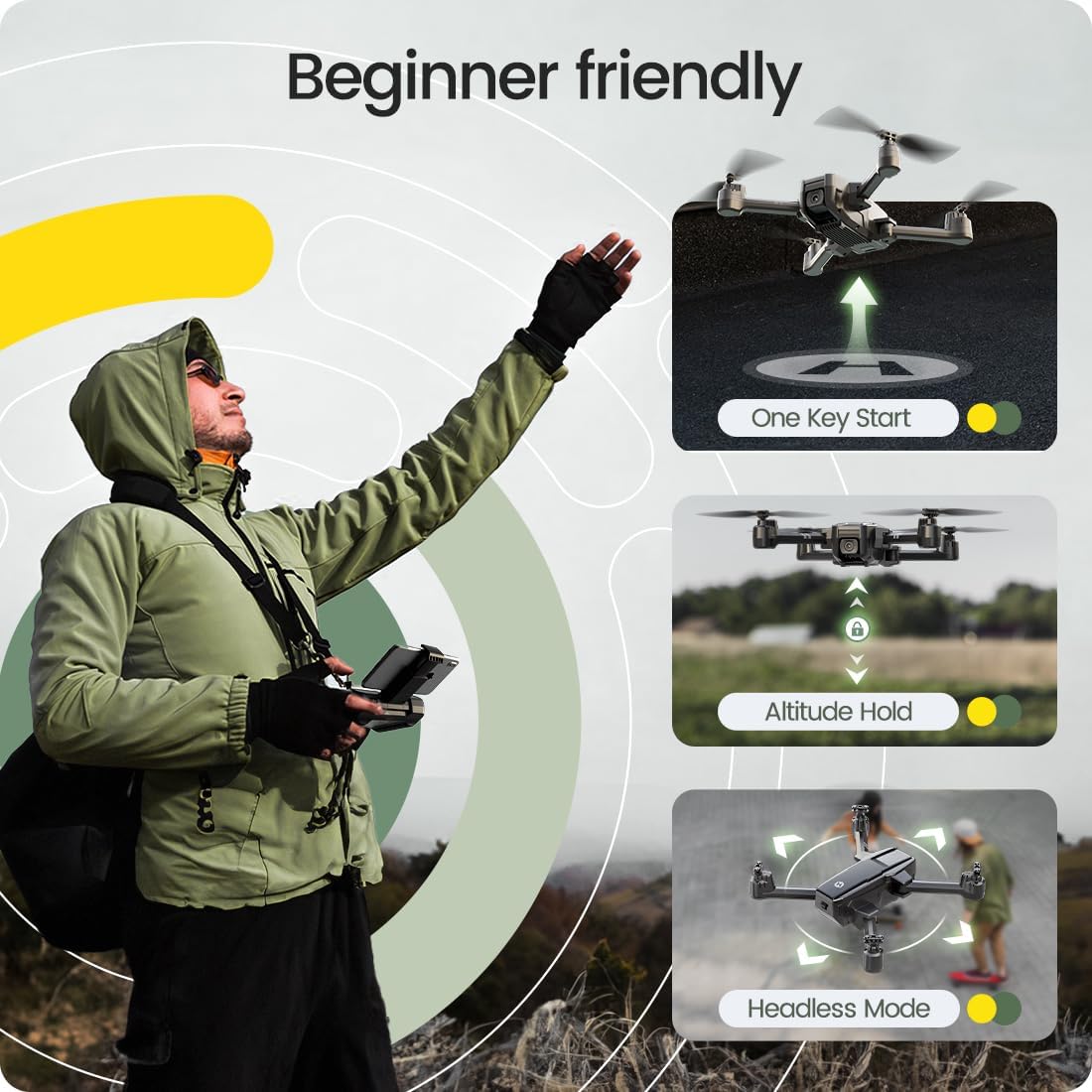 Holy Stone HS440 Drone FPV plegable con cámara WiFi 1080P para adultos principiantes y niños; control de gestos de voz RC Quadcopter con batería modular para largo tiempo de vuelo, vuelo automático, estuche de transporte