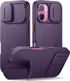 SURITCH Funda para iPhone 16 con cubierta magnética para cámara deslizante y soporte ajustable, compatible con MagSafe, funda con parachoques a prueba de golpes, cubierta protectora delgada de 6.1