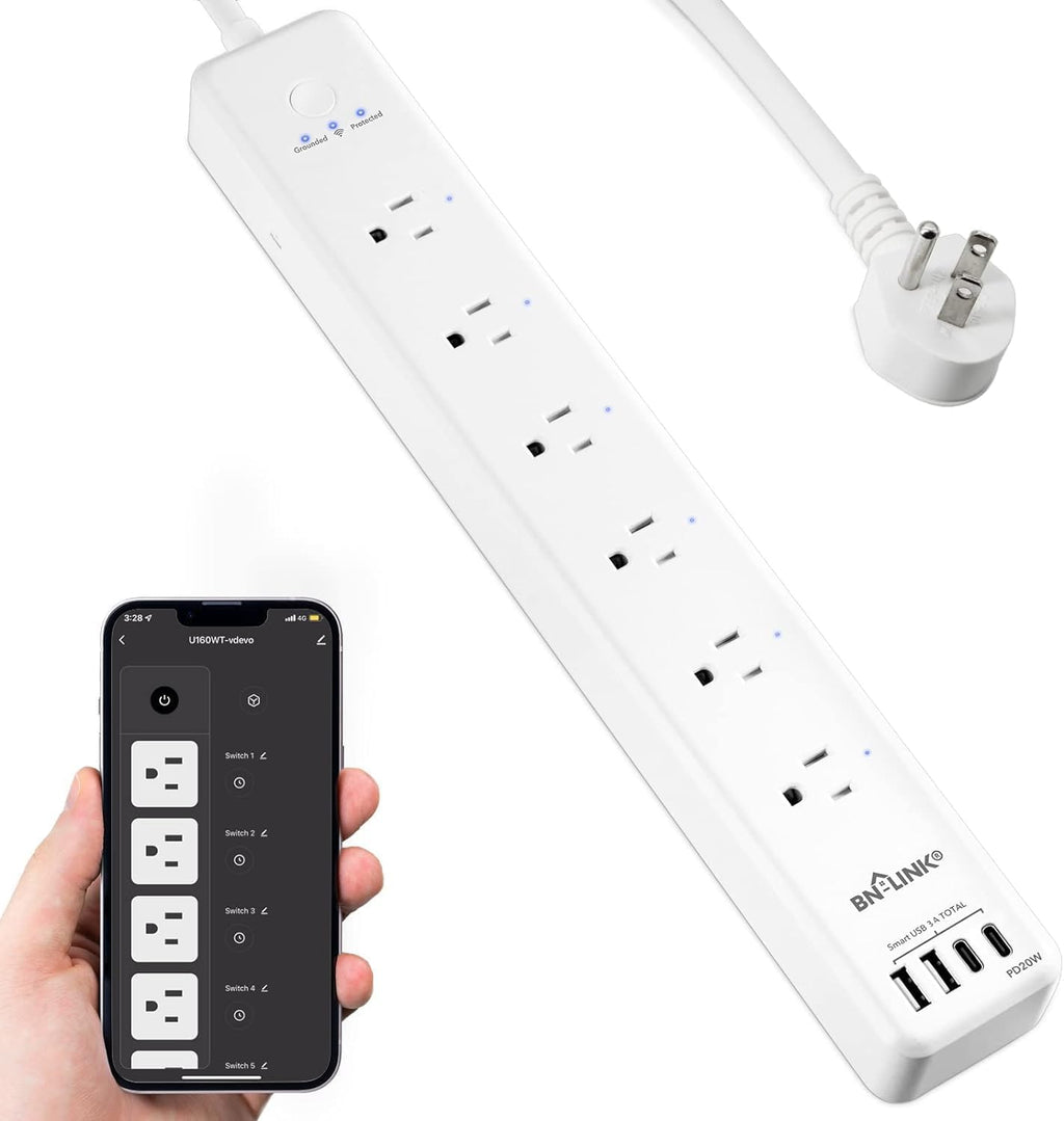 BN LINK Smart Plug Power Strip, protector de sobretensiones con 6 tomacorrientes inteligentes controlados individualmente, 4 USB (incluido USB C de 20 W), compatible con Alexa y Google Home