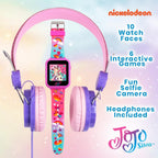 Accutime JoJo Siwa - Juego combinado de auriculares y reloj inteligente, juegos interactivos de aprendizaje, auriculares rosas ajustables, múltiples caras de reloj, ideal para niñas de 6 años en