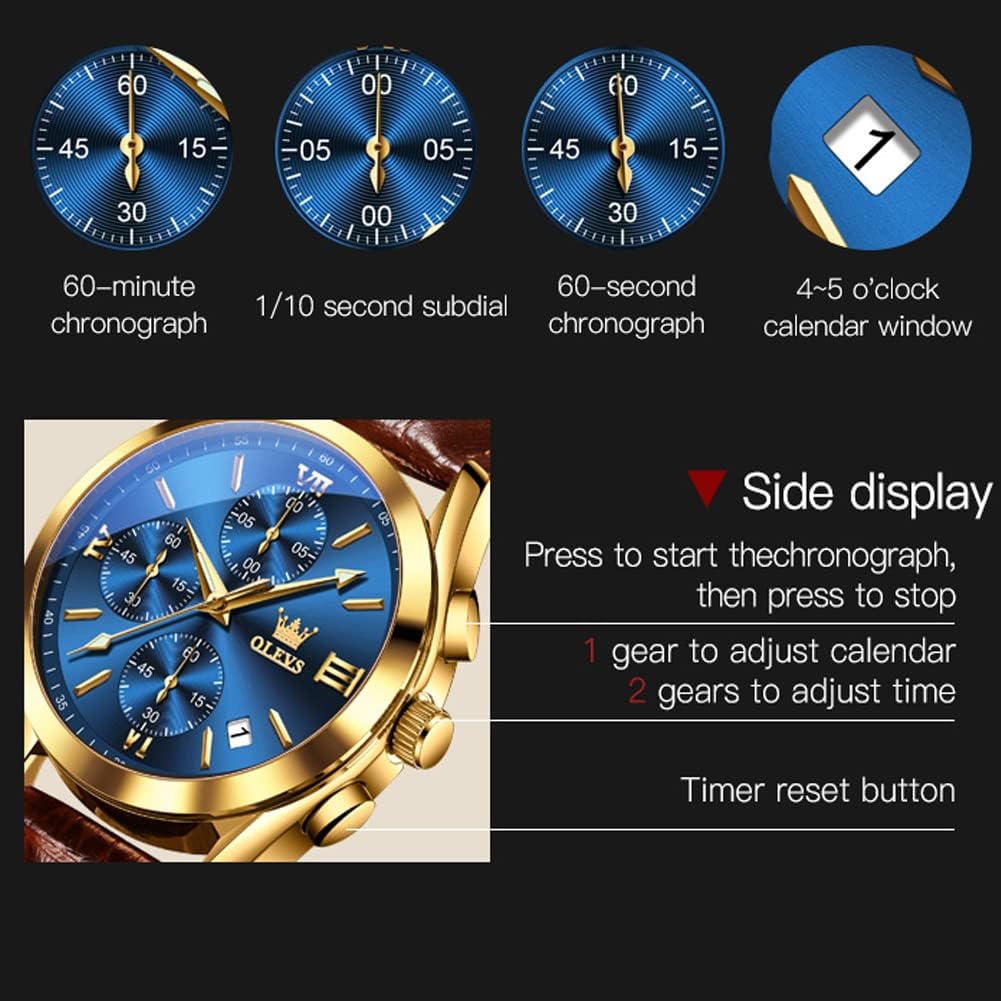 OLEVS Reloj de vestir de cuero para hombre, casual, cuarzo, marrón, pulsera, con fecha