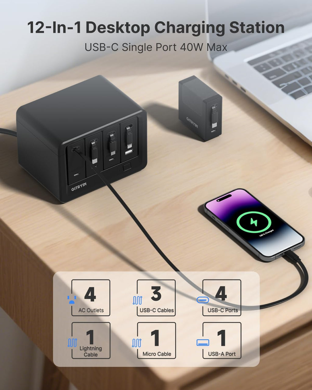 Estación de carga de escritorio 12-en-1, cargador retráctil USB de