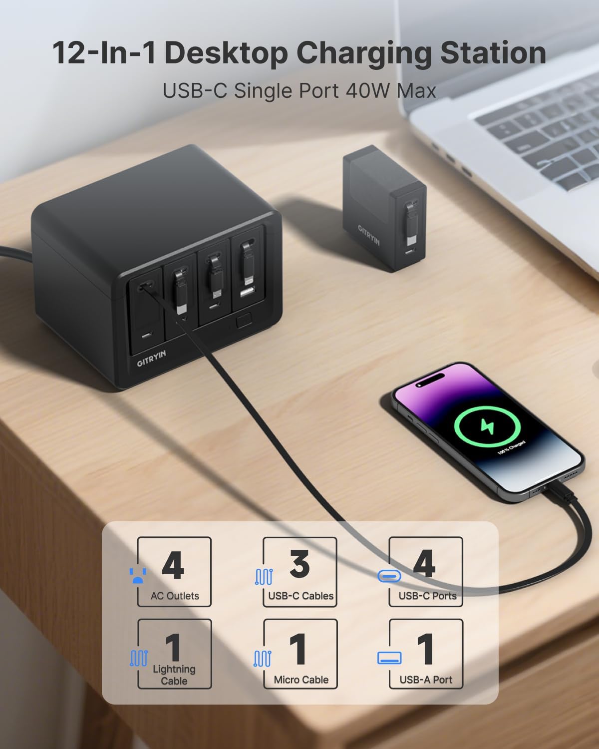 Estación de carga de escritorio 12-en-1, cargador retráctil USB de